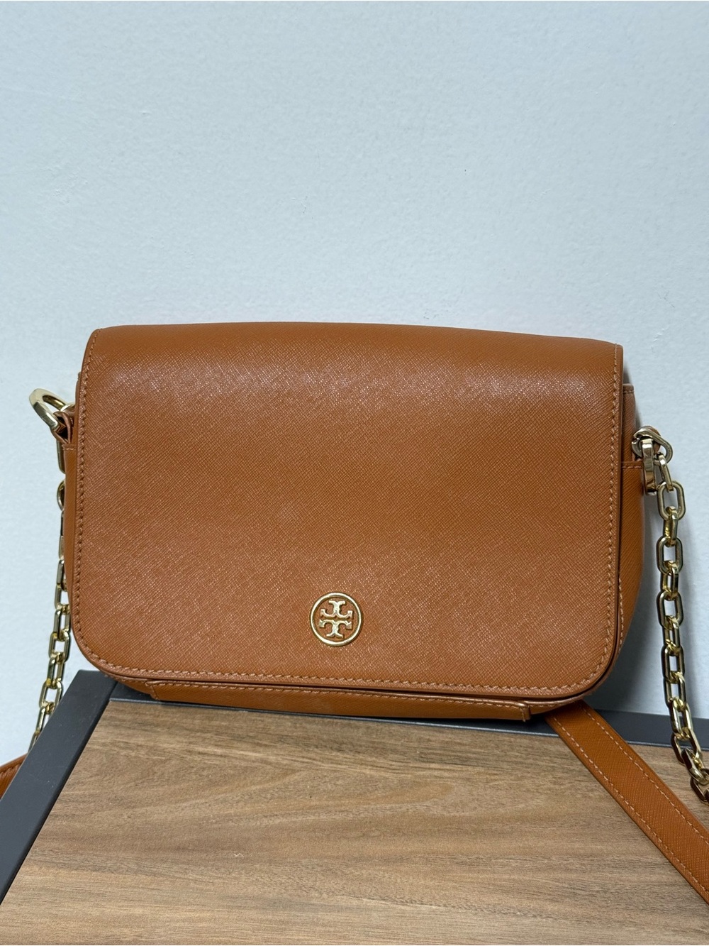 Tory Burch Cognac Brown Saffiano Leather Chain Crossbody Bag